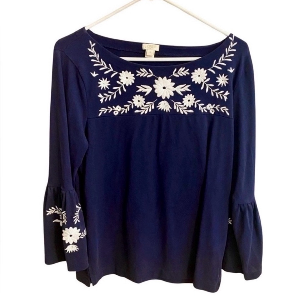 J. Crew Factory Navy Blue White Floral Embroidered Bell Sleeve Blouse Top M
